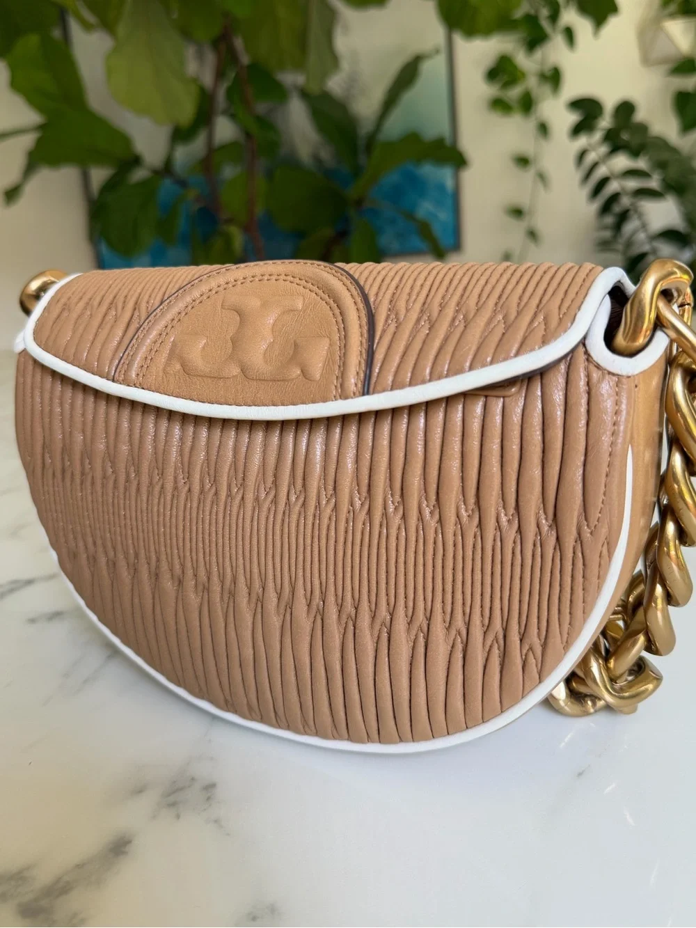 Tory Burch Fleming Soft Pleated Mini Crescent Bag Dusty Almond Leather w/ Chain